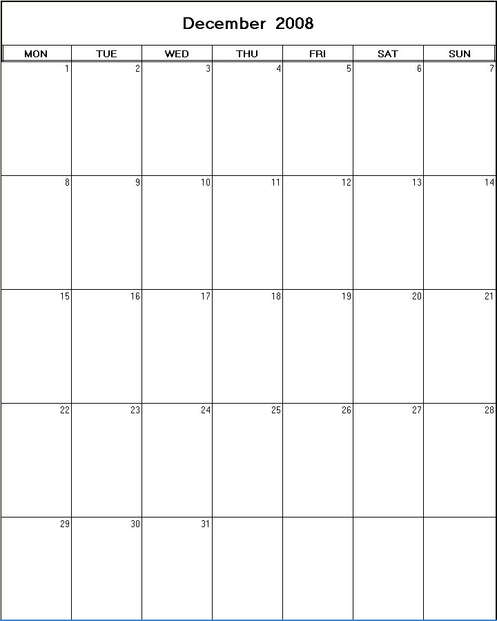 printable blank calendar image for December 2008