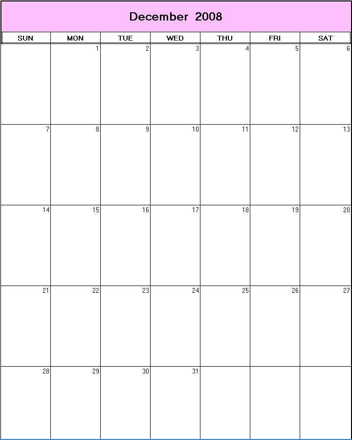 printable blank calendar image for December 2008