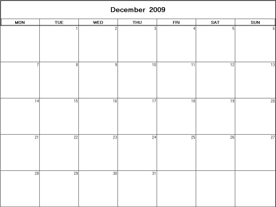 printable blank calendar image for December 2009