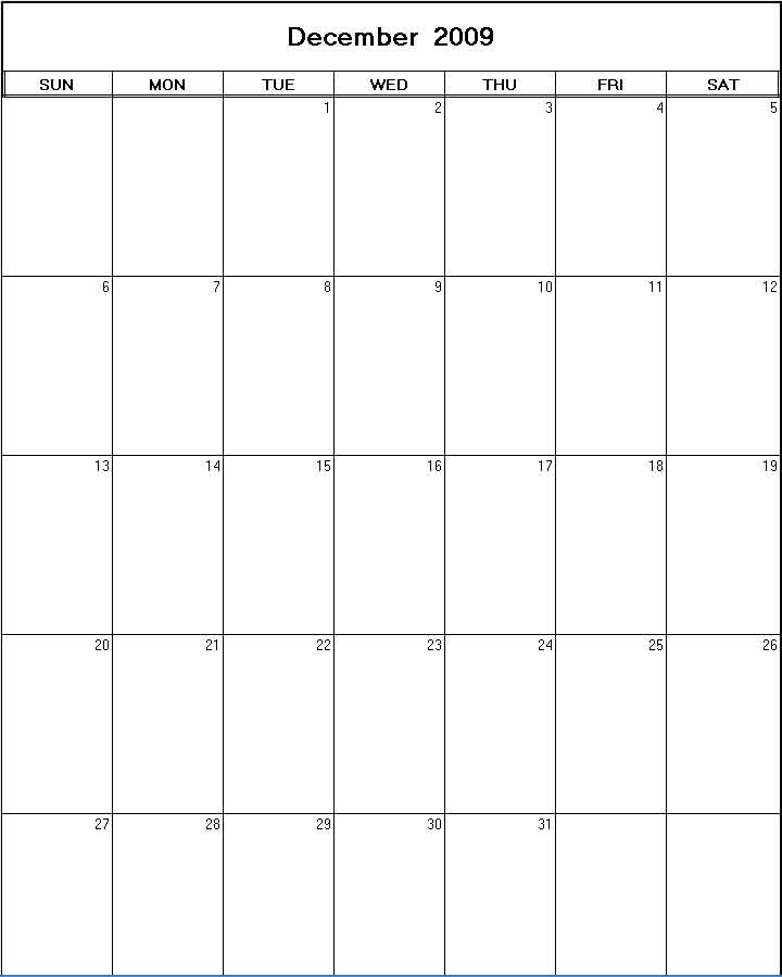 printable blank calendar image for December 2009