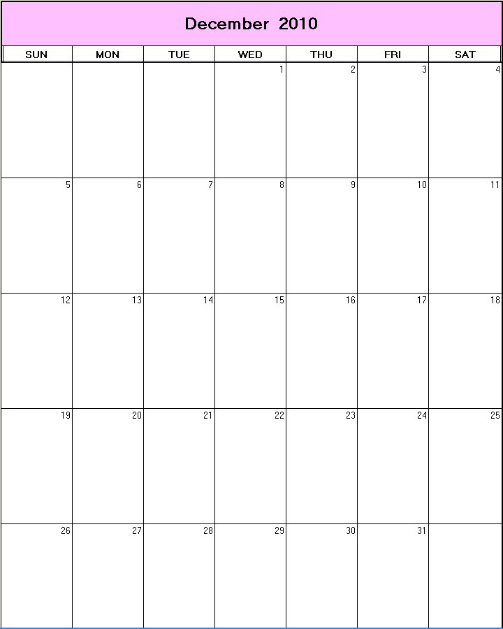 printable blank calendar image for December 2010