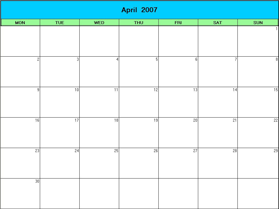 printable blank calendar image for Easter 2007
