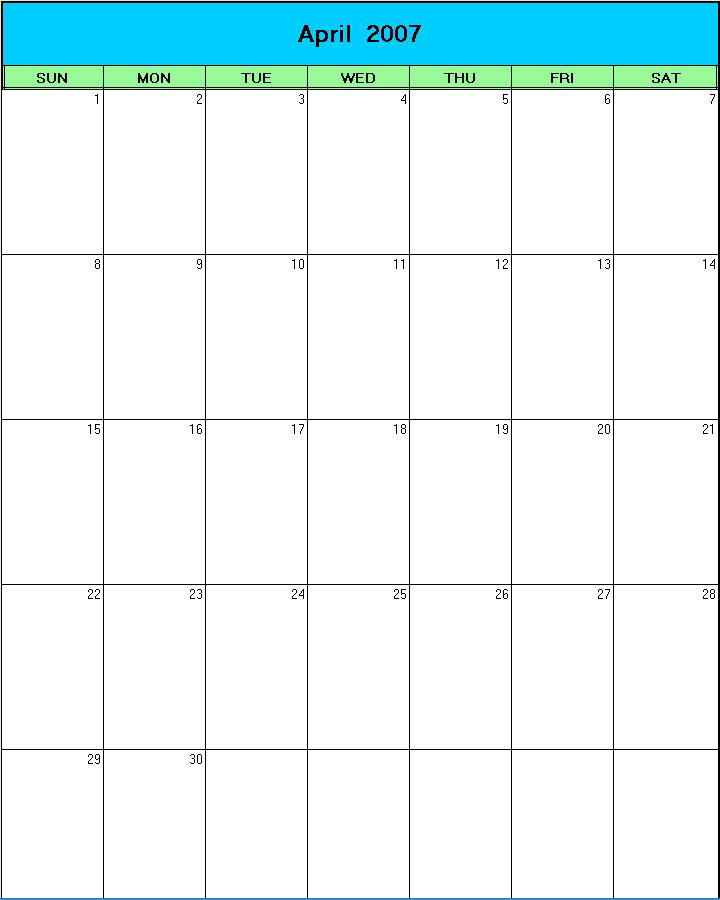 printable blank calendar image for Easter 2007
