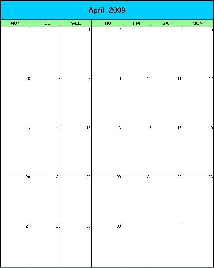 printable blank calendar image for Easter 2009