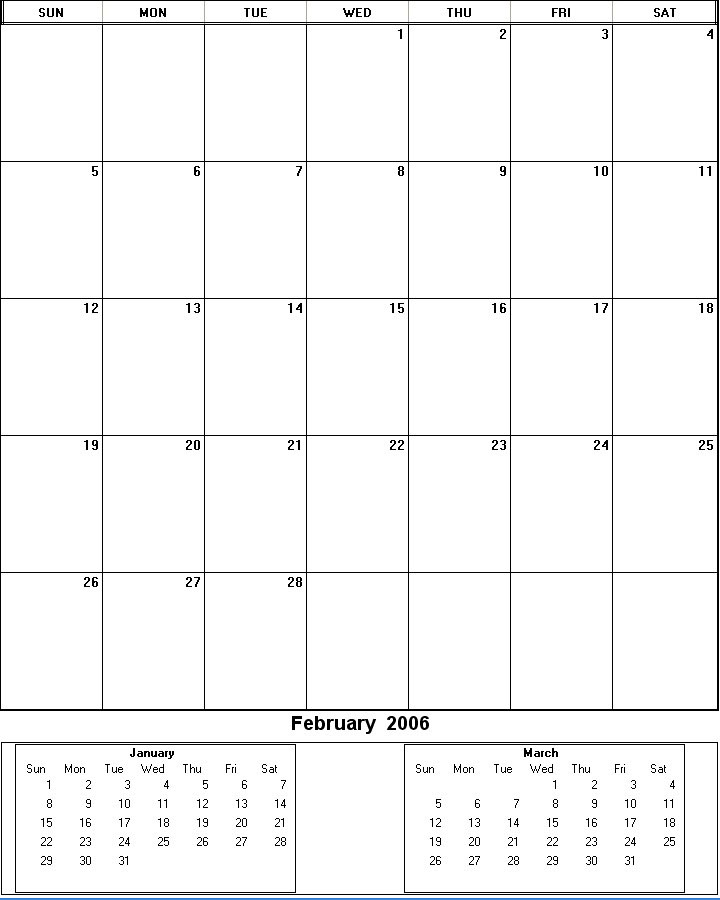 printable blank calendar image for February 2006