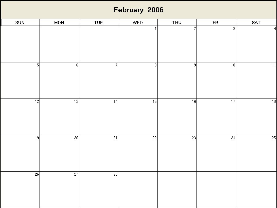 printable blank calendar image for February 2006