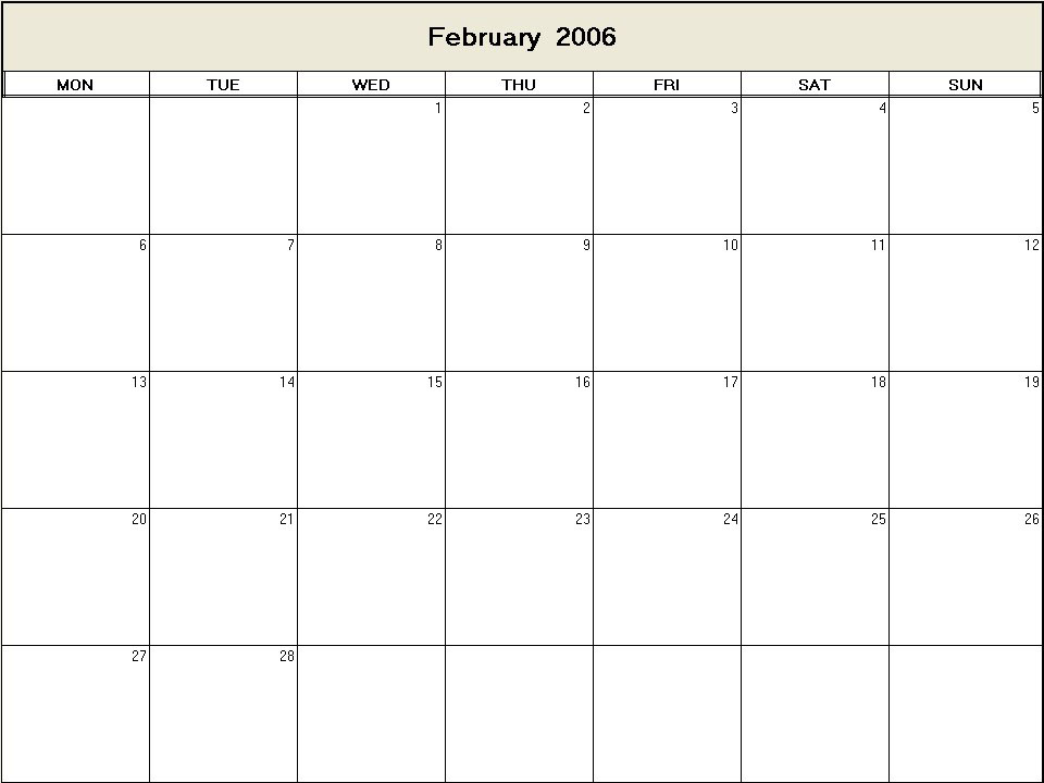 printable blank calendar image for February 2006