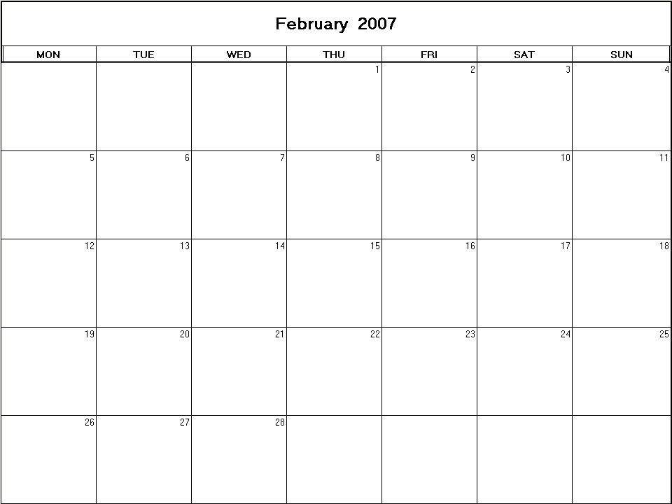 printable blank calendar image for February 2007