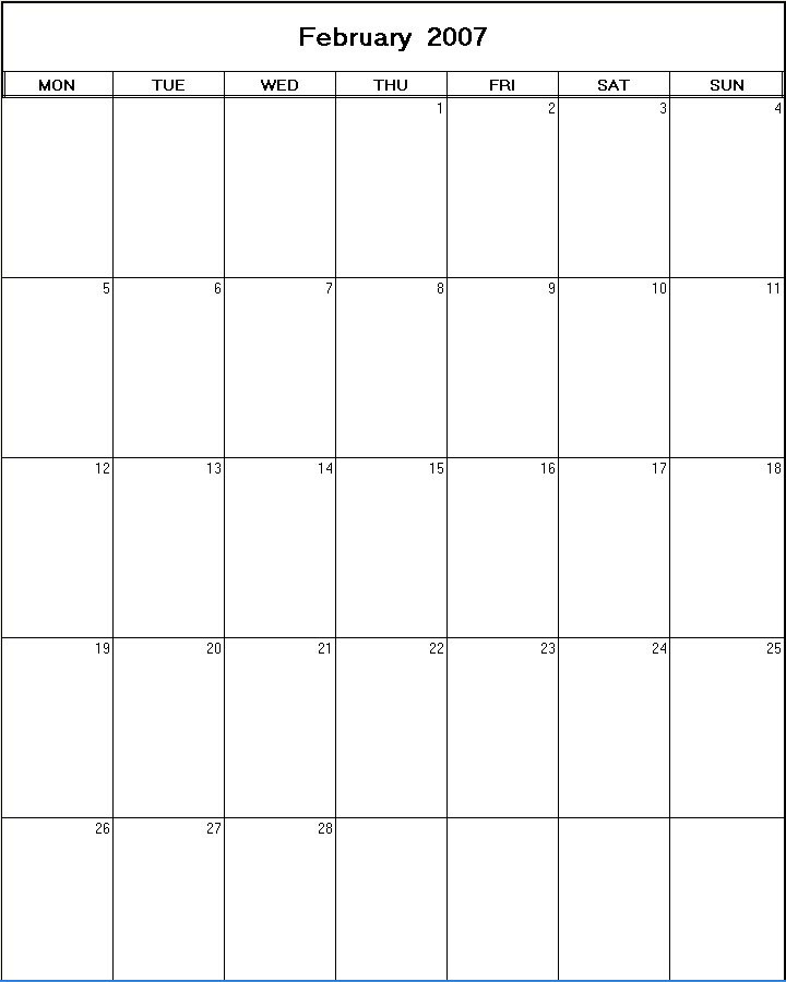 printable blank calendar image for February 2007