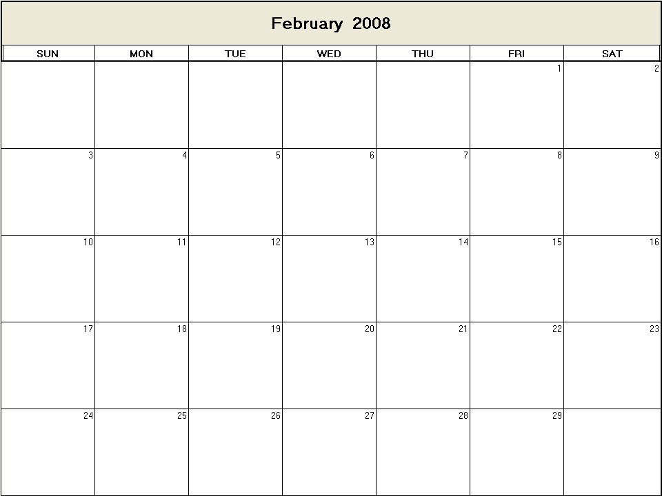printable blank calendar image for February 2008