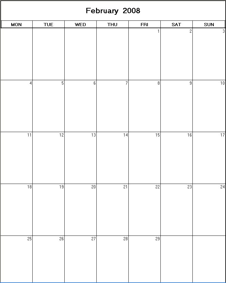 printable blank calendar image for February 2008