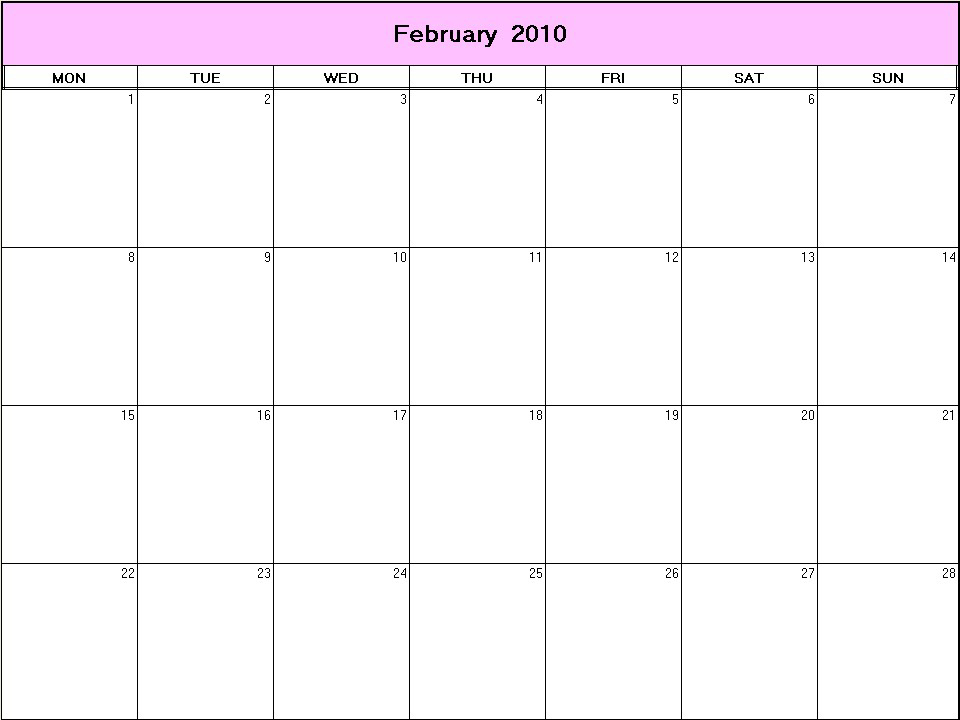 printable blank calendar image for February 2010