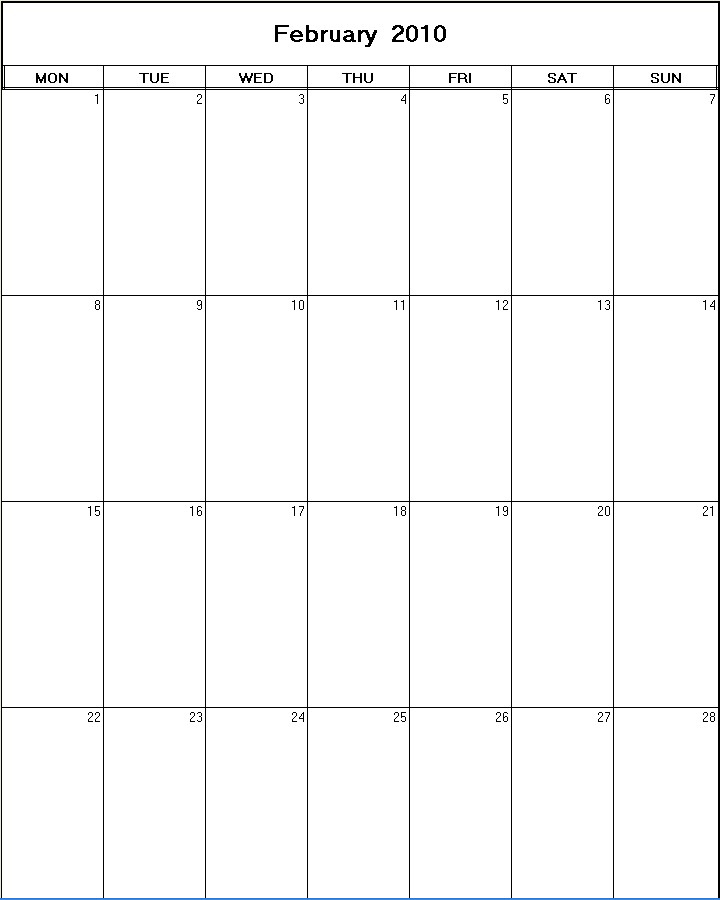 printable blank calendar image for February 2010