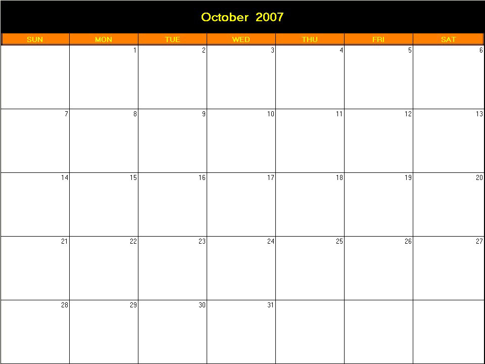 printable blank calendar image for Halloween 2007