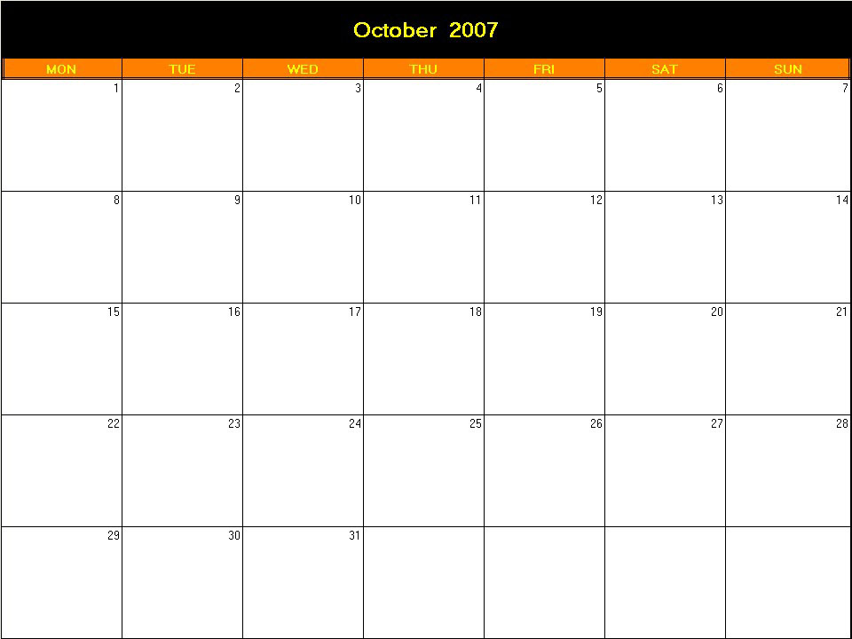 printable blank calendar image for Halloween 2007