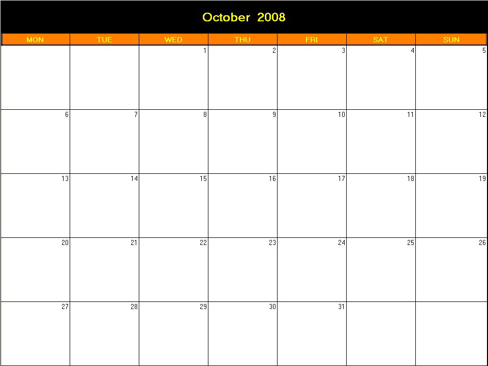 printable blank calendar image for Halloween 2008