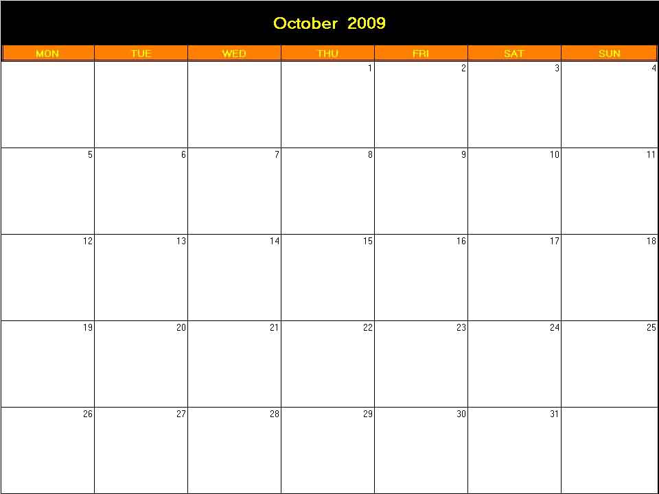printable blank calendar image for Halloween 2009