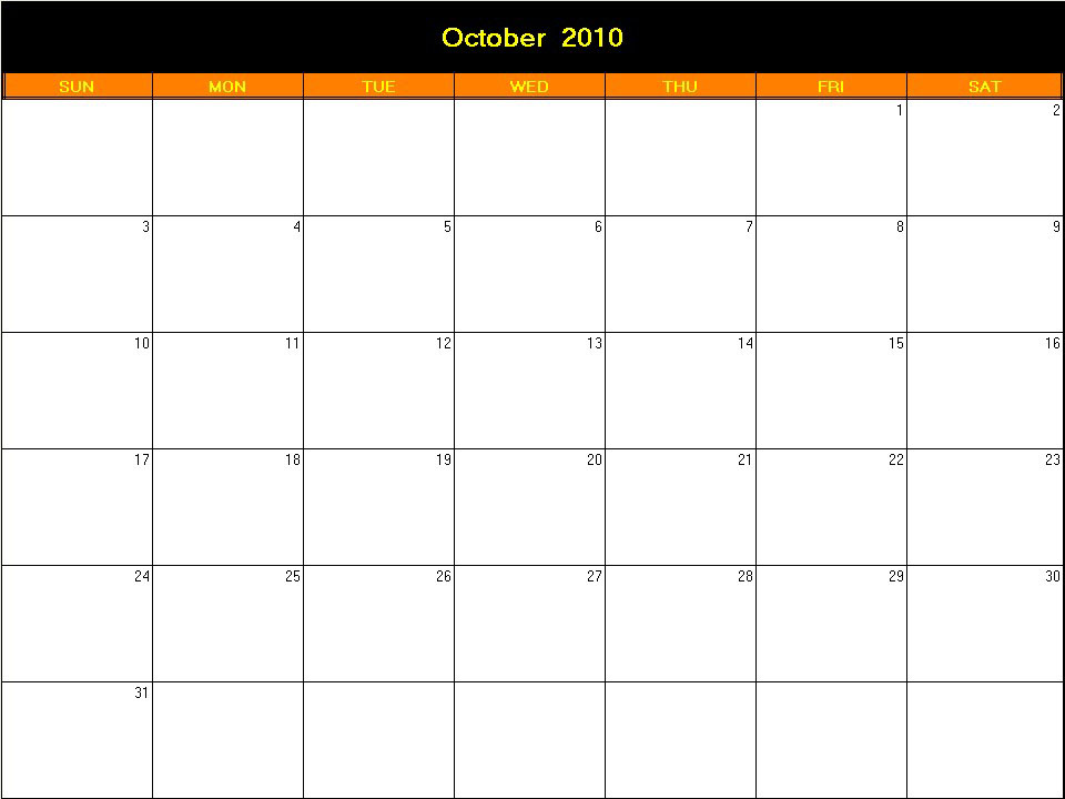 printable blank calendar image for Halloween 2010