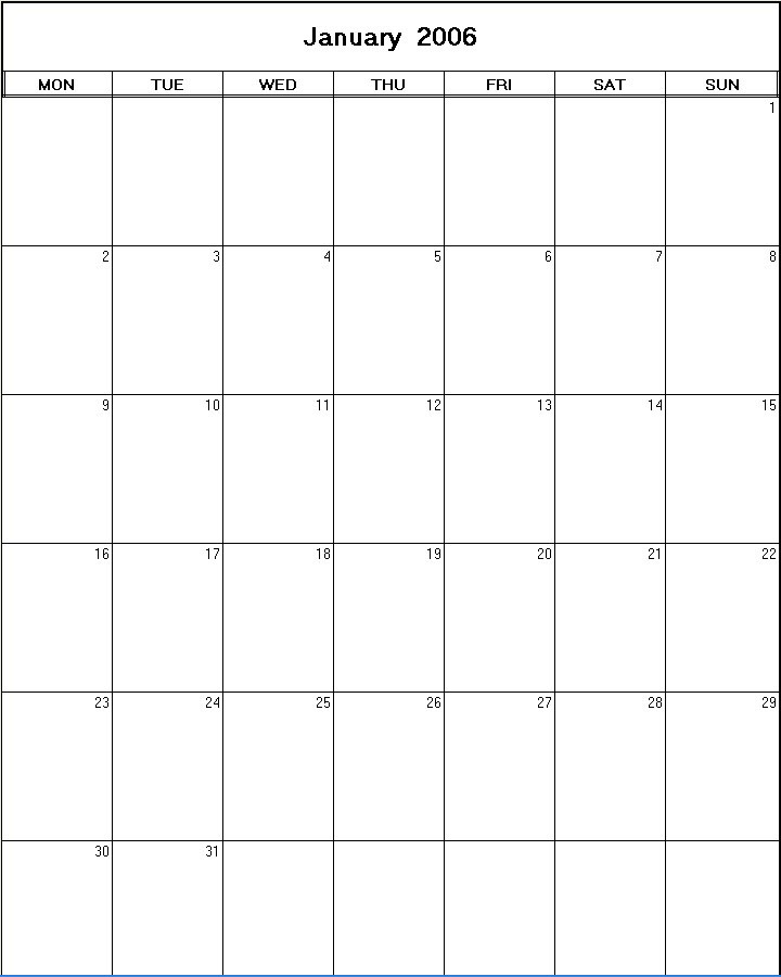 printable blank calendar image for January 2006