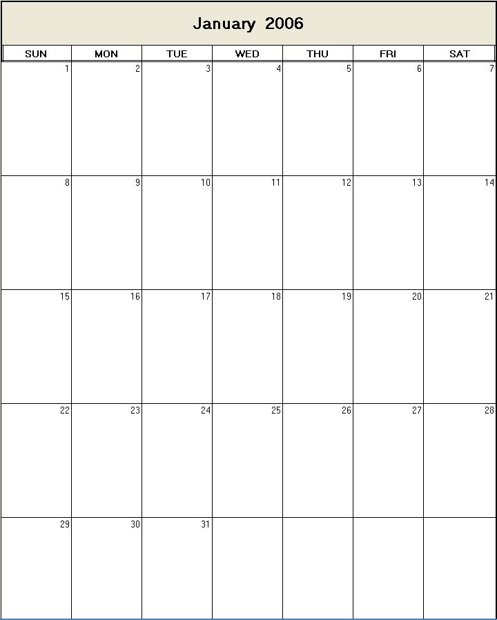 printable blank calendar image for January 2006