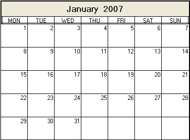 January 2007 Printable Calendar