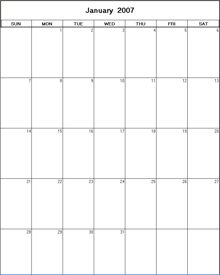 printable blank calendar image for January 2007