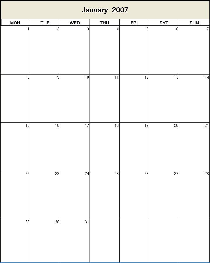 printable blank calendar image for January 2007