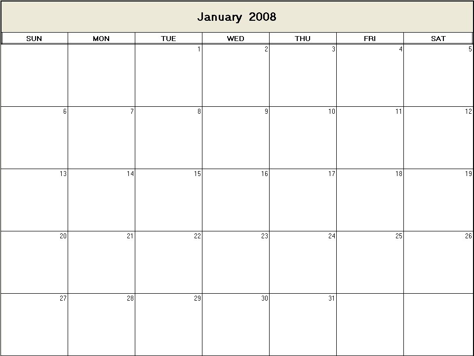 printable blank calendar image for January 2008