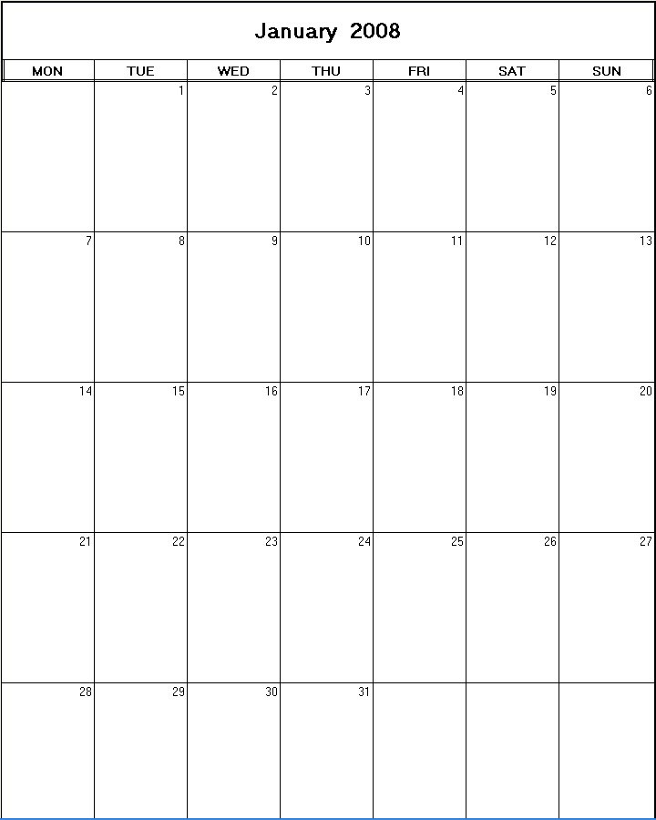 printable blank calendar image for January 2008