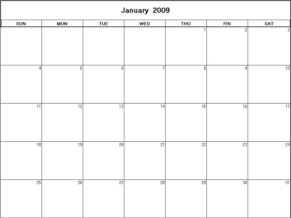 printable blank calendar image for January 2009