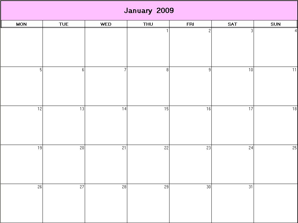 printable blank calendar image for January 2009