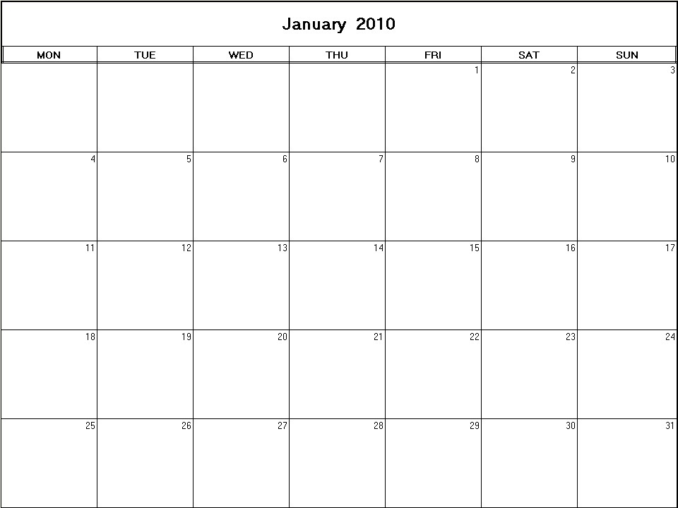 printable blank calendar image for January 2010