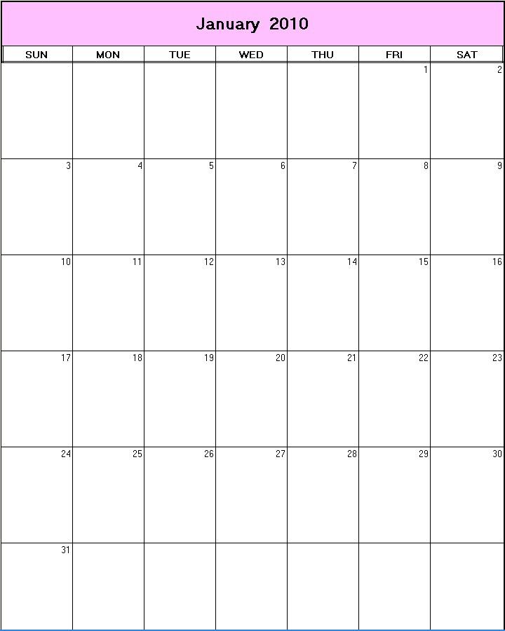printable blank calendar image for January 2010