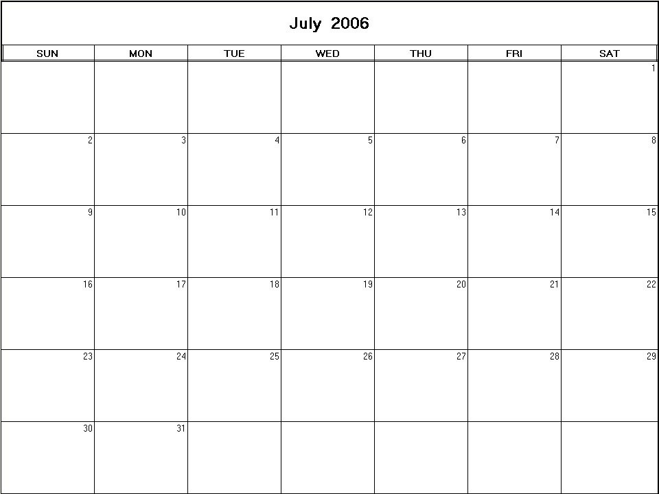 printable blank calendar image for July 2006