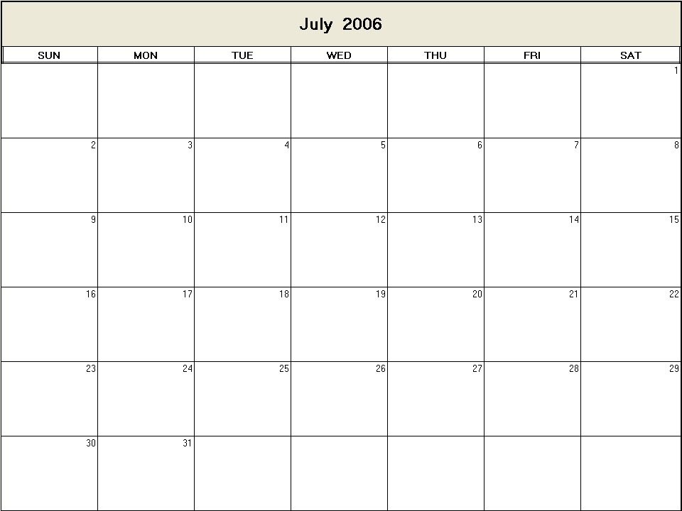 printable blank calendar image for July 2006