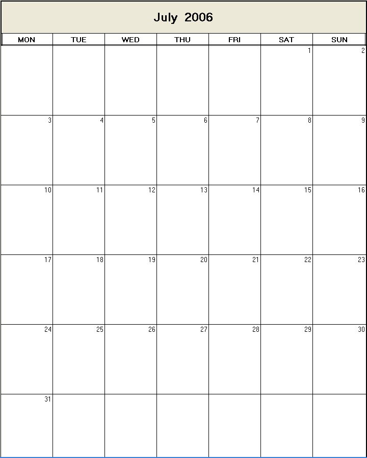 printable blank calendar image for July 2006