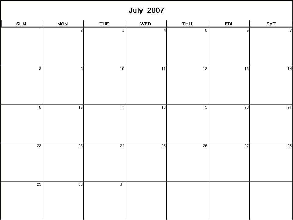 printable blank calendar image for July 2007