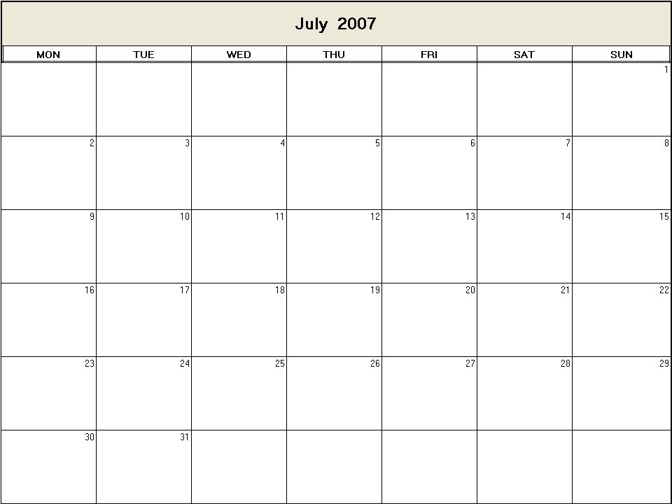 printable blank calendar image for July 2007