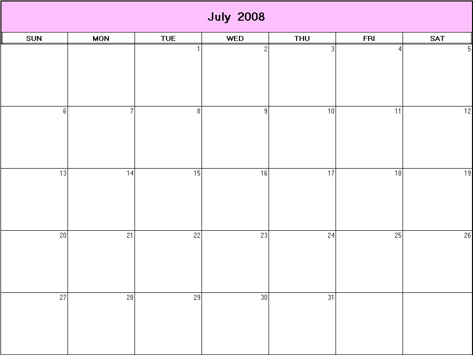 printable blank calendar image for July 2008