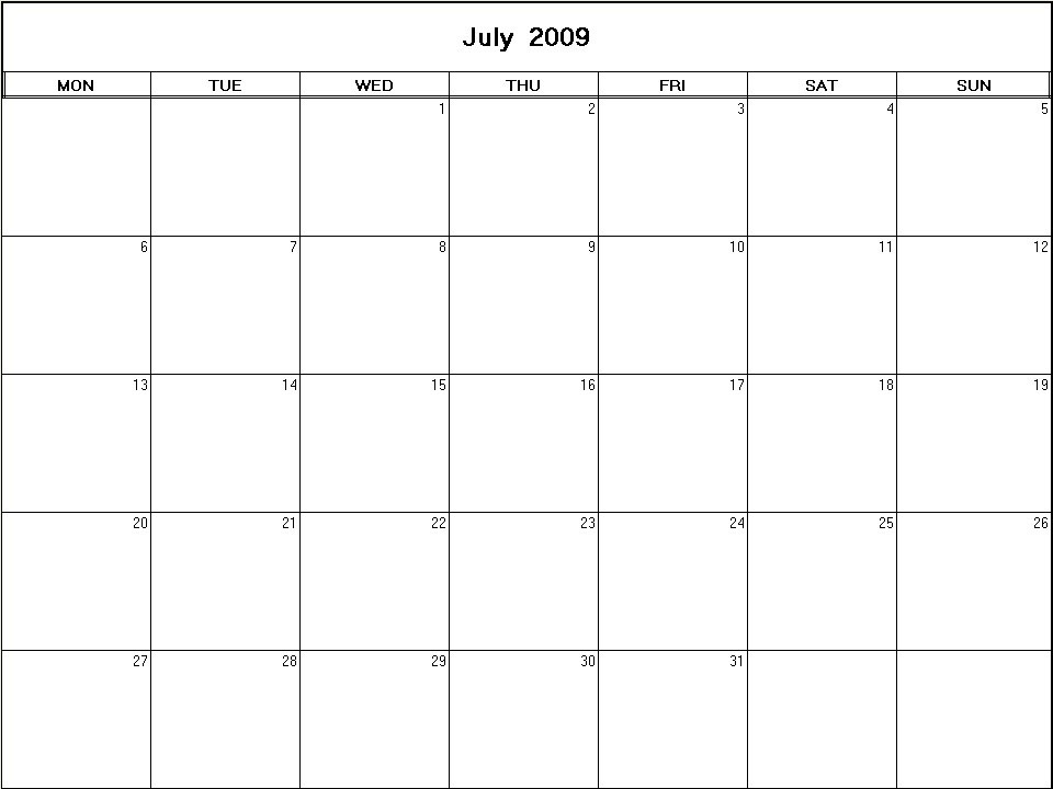printable blank calendar image for July 2009