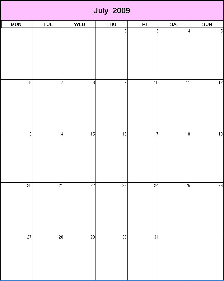 printable blank calendar image for July 2009