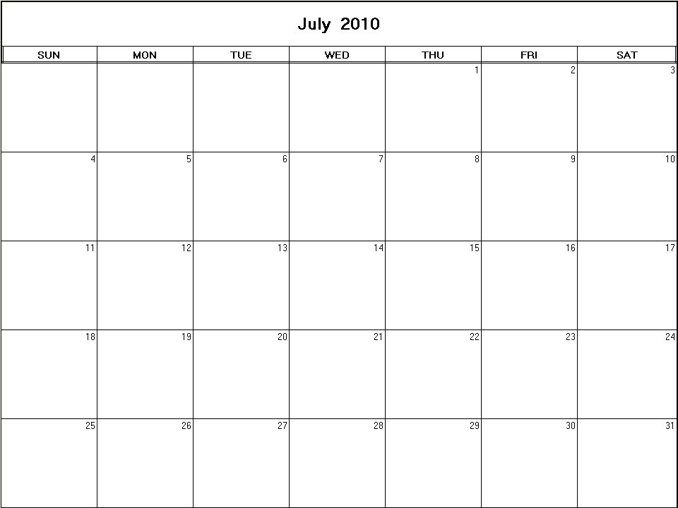 printable blank calendar image for July 2010
