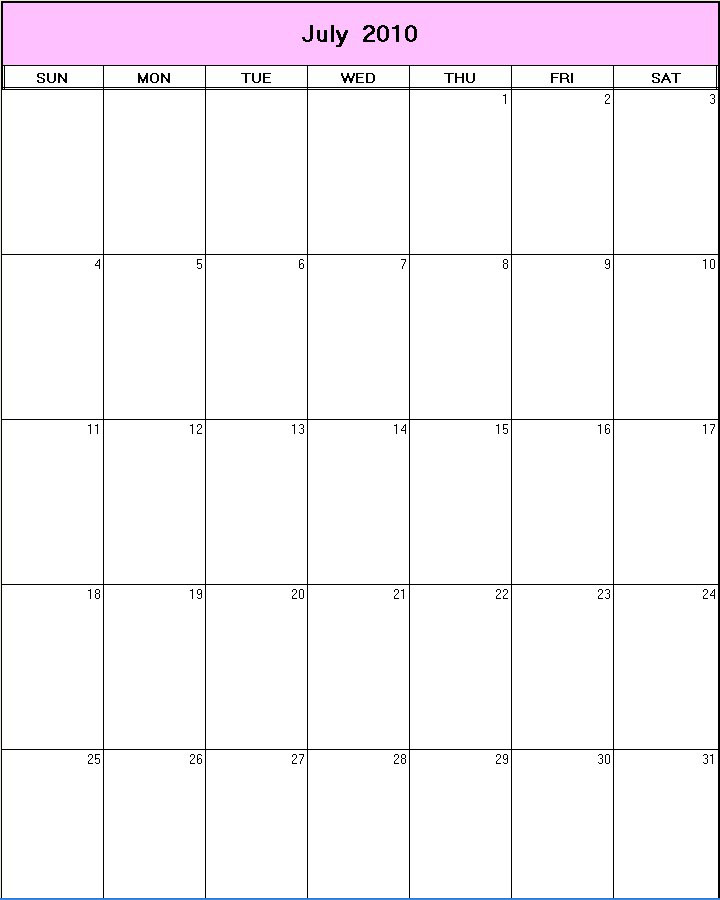 printable blank calendar image for July 2010