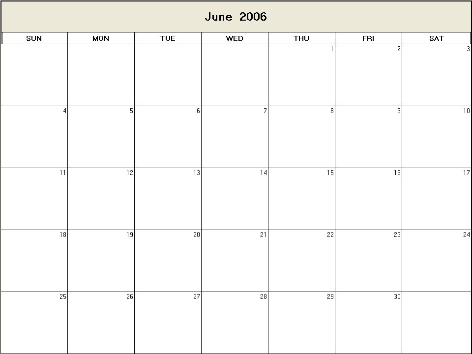printable blank calendar image for June 2006