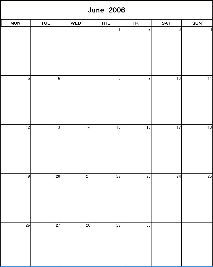 printable blank calendar image for June 2006