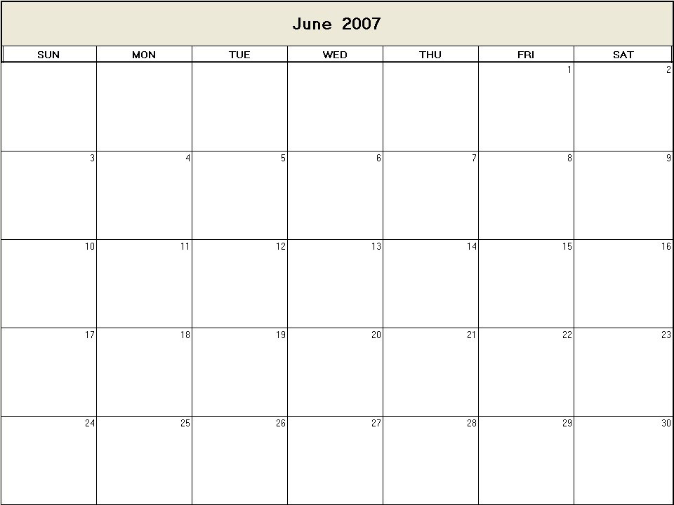 printable blank calendar image for June 2007