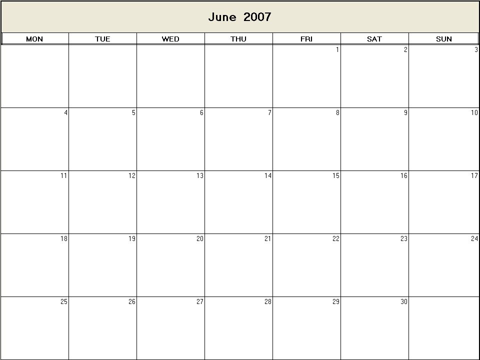 printable blank calendar image for June 2007