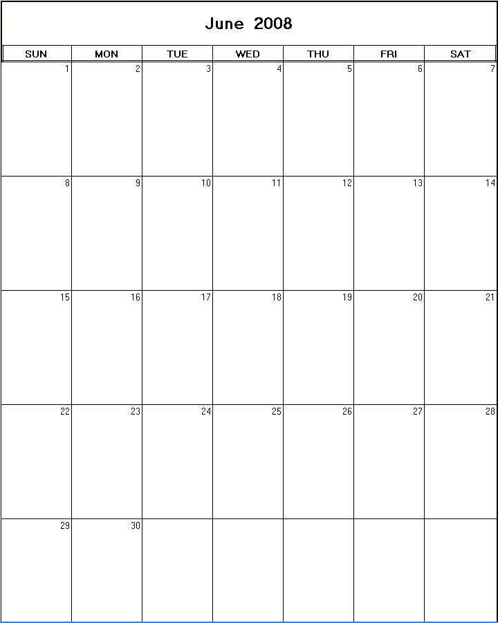 printable blank calendar image for June 2008