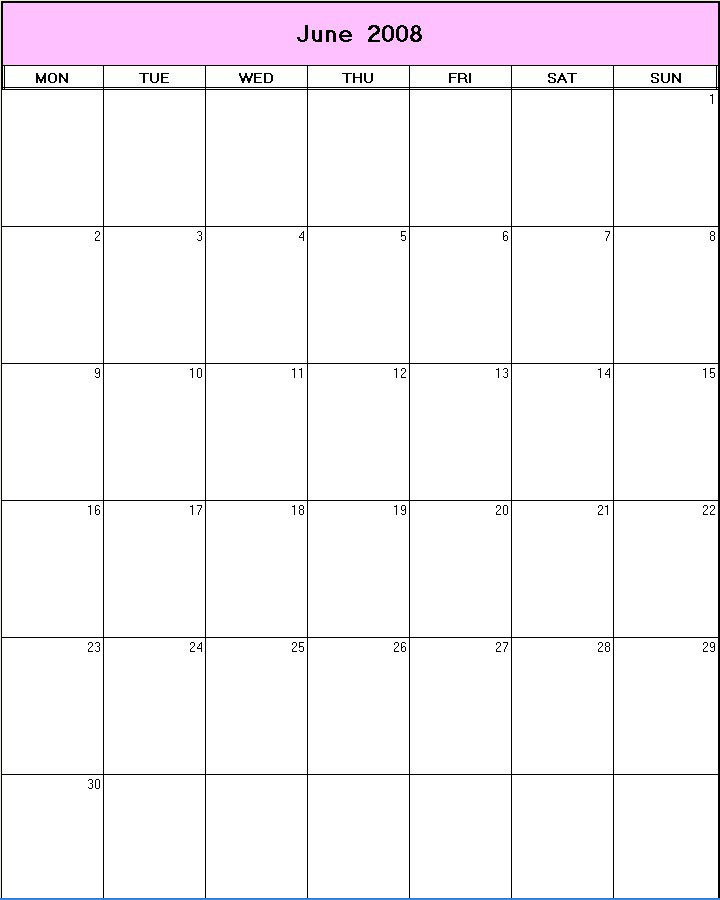 printable blank calendar image for June 2008