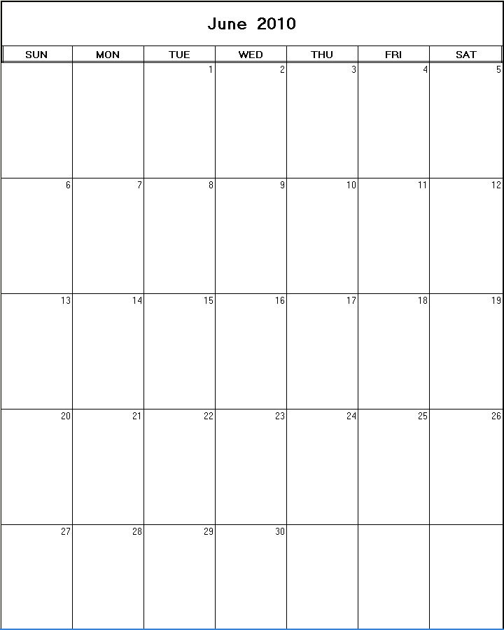 printable blank calendar image for June 2010